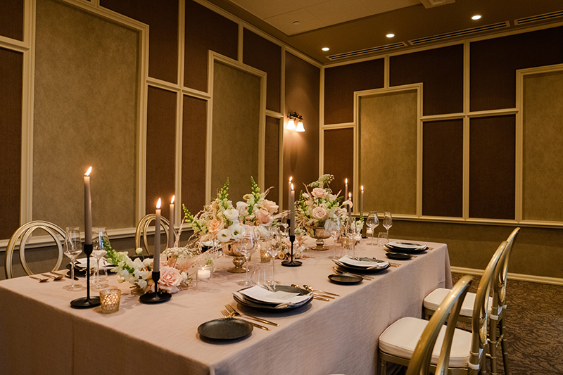 Fort Garry Gate Dining Room Reception (black/blush). Winnipeg Wedding Photographers Collective, Bond